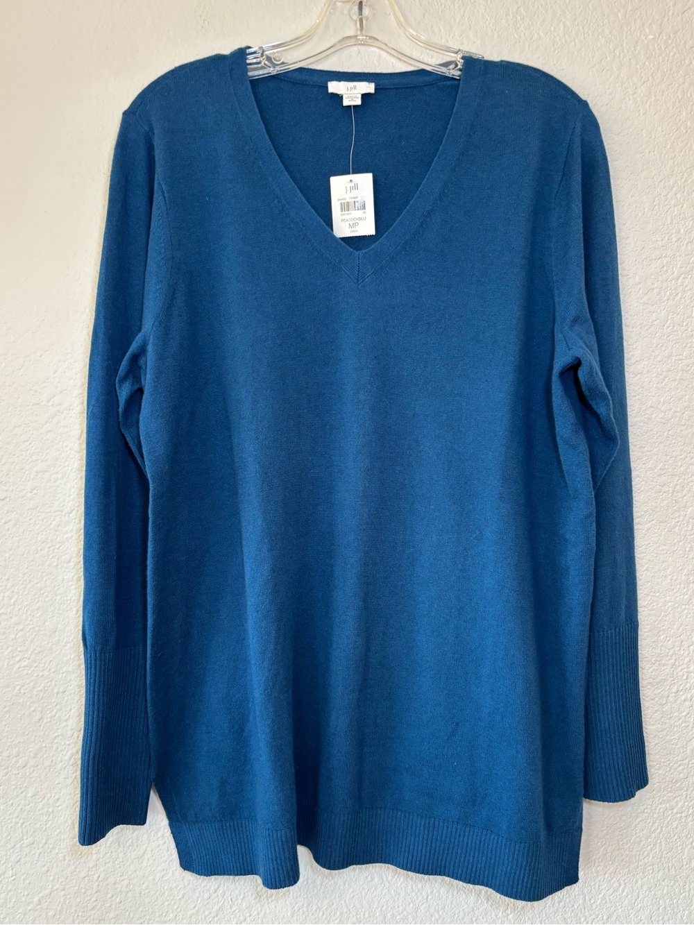 J. Jill Peacock Blue Relaxed Tunic Sweater Medium Petite V-neck Cotton Blend